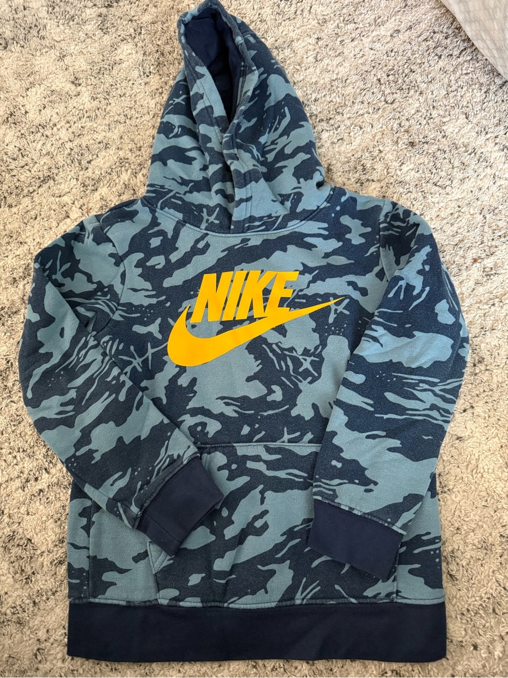Nike Teal and Navy Camo Hoodie with yellow Swoosh